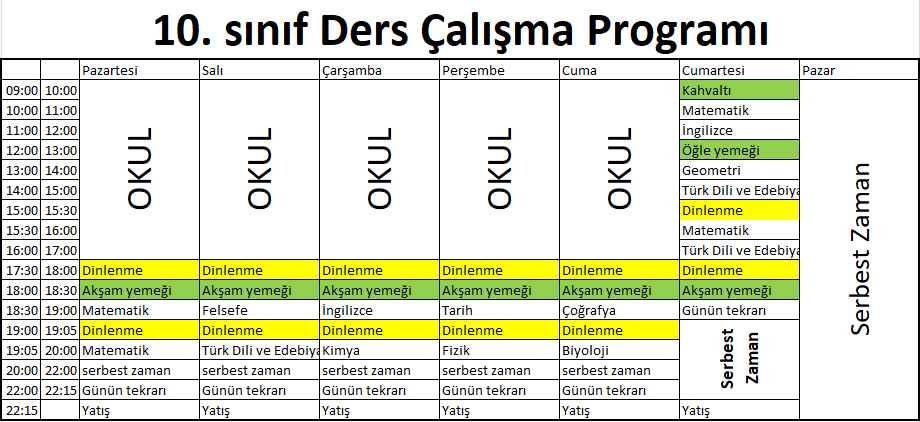 10. sınıf ders çalışma planı
